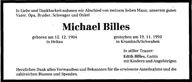 Billes Michael 1904-1993 Todesanzeige